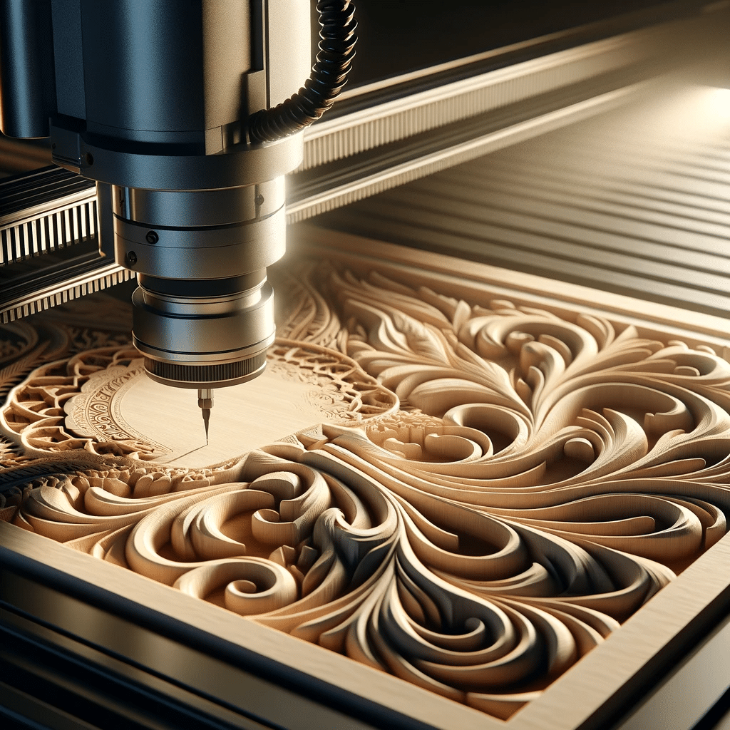 Enrutador CNC tallando un diseño complejo en madera o metal, destacando la alta calidad y precisión del trabajo, superior a los métodos manuales tradicionales. | Design & Cutting