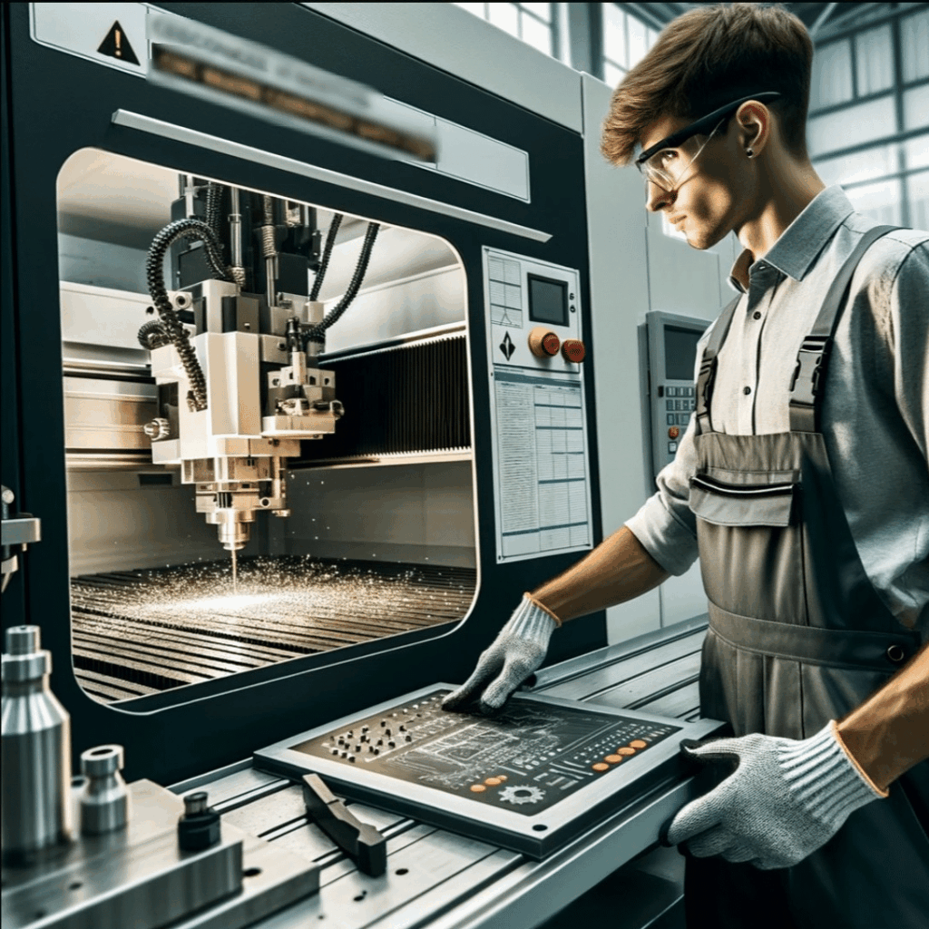Taller de máquinas CNC moderno y bien organizado con medidas de seguridad evidentes, mostrando un operario capacitado utilizando equipo de protección | Design & Cutting