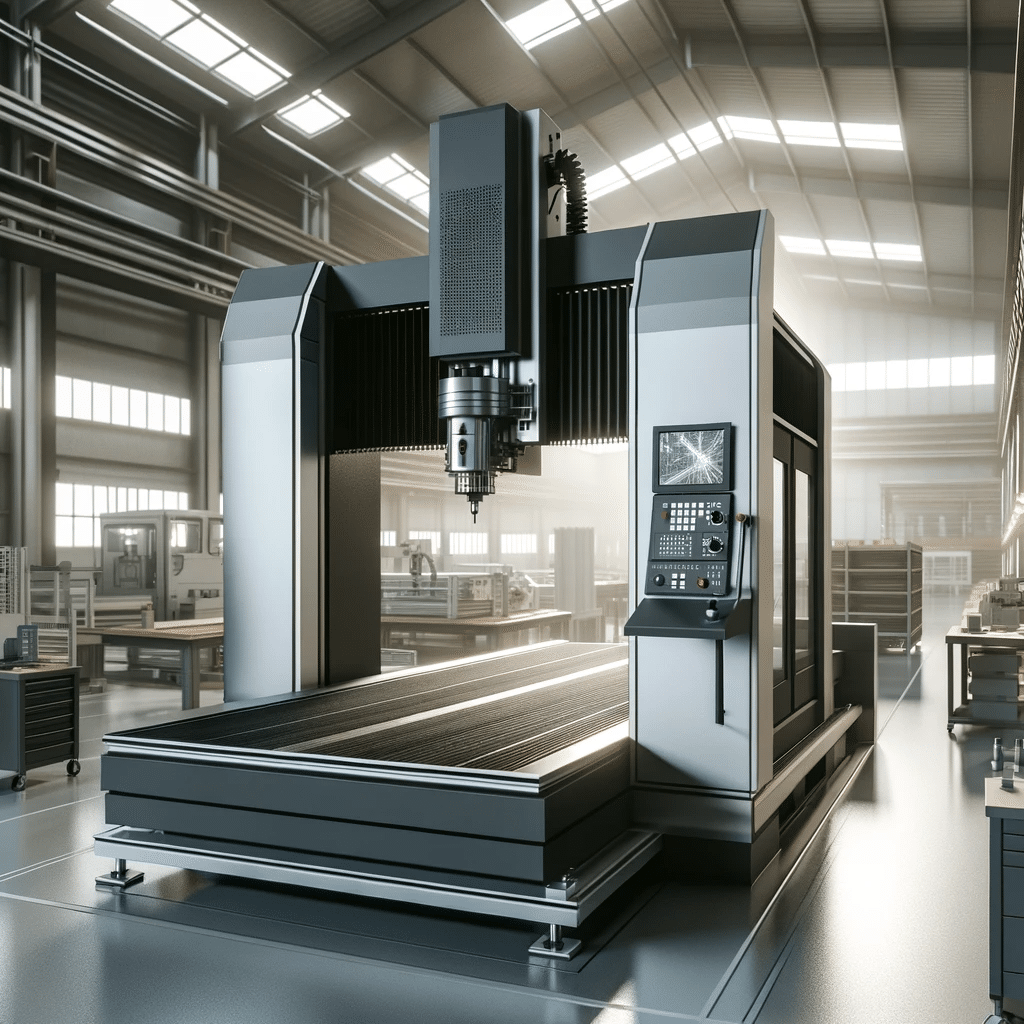 Máquina cortadora CNC moderna en un taller industrial, destacando la tecnología de vanguardia y componentes precisos. | Design & Cutting