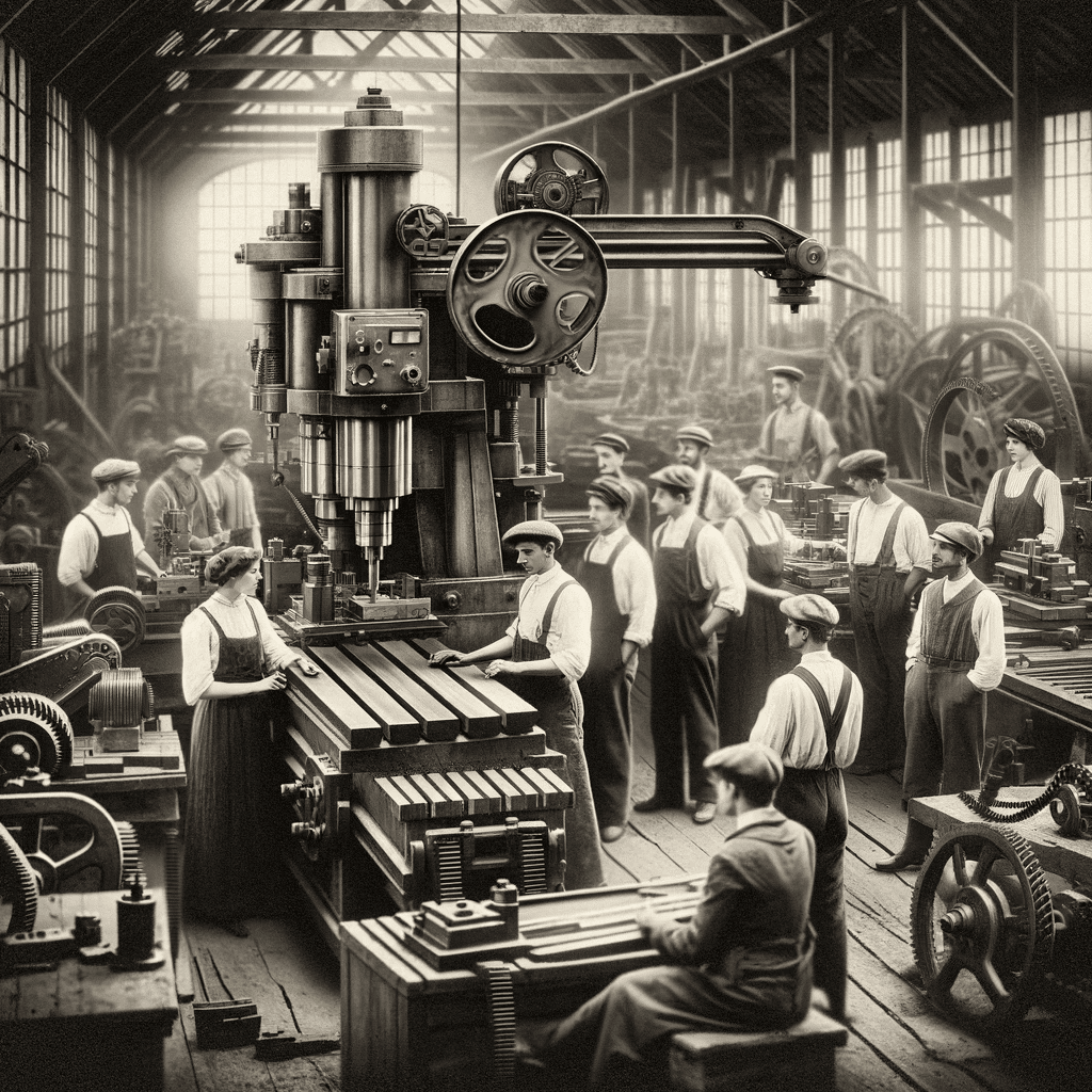 Fotografía en blanco y negro de un taller de principios del siglo XX con versiones tempranas de máquinas CNC, mostrando trabajadores en ropa de época operando las máquinas en un entorno industrial antiguo. | Design & Cutting