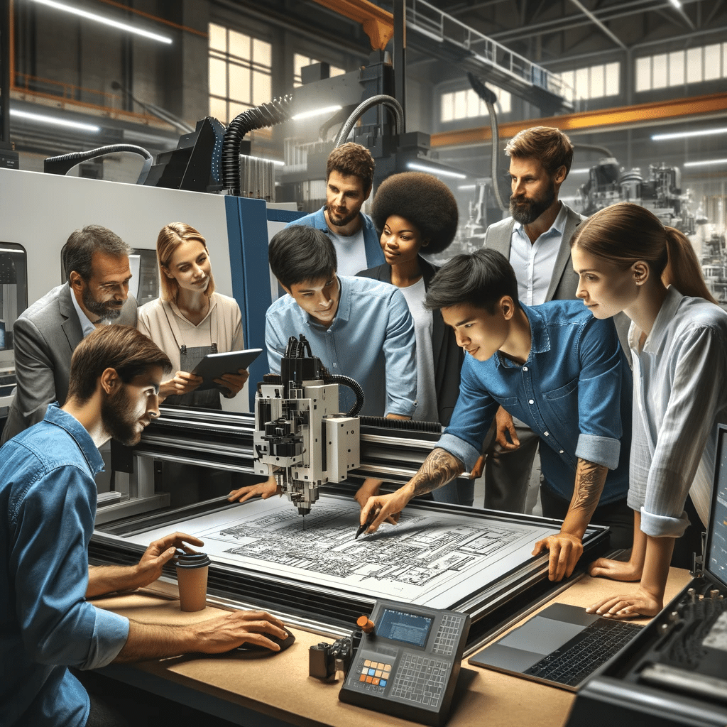 Grupo diverso de ingenieros y técnicos trabajando juntos en una cortadora CNC en un taller moderno. | Design & Cutting