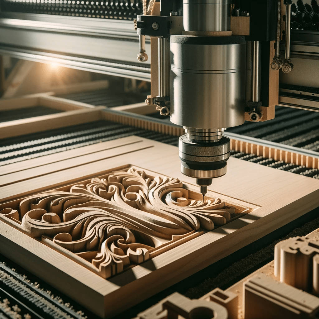 Enrutador CNC tallando madera con precisión en un taller iluminado, destacando los detalles intrincados del trabajo en madera y la maquinaria | Design & Cutting
