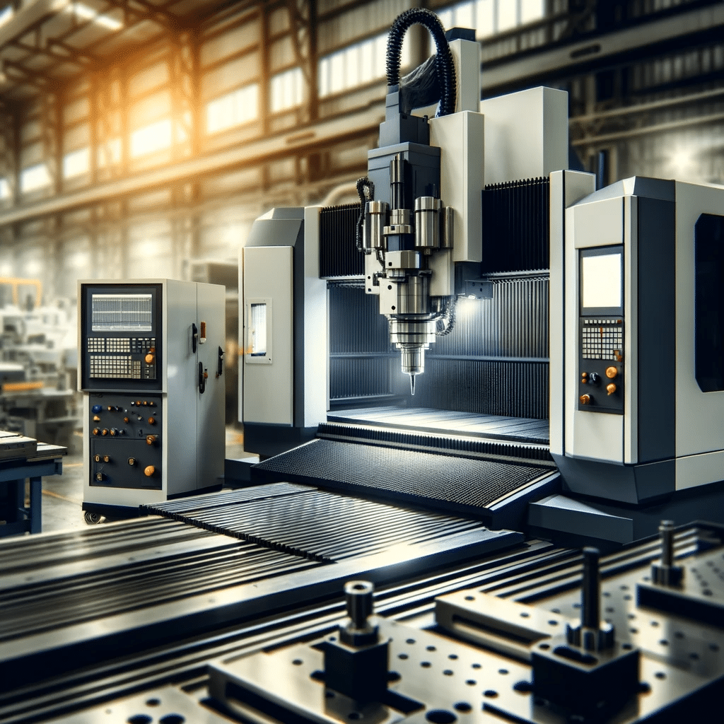 Taller de metalurgia moderno con máquinas de corte CNC en funcionamiento, destacando la precisión y tecnología avanzada en el corte de metales | Desgin & Cutting