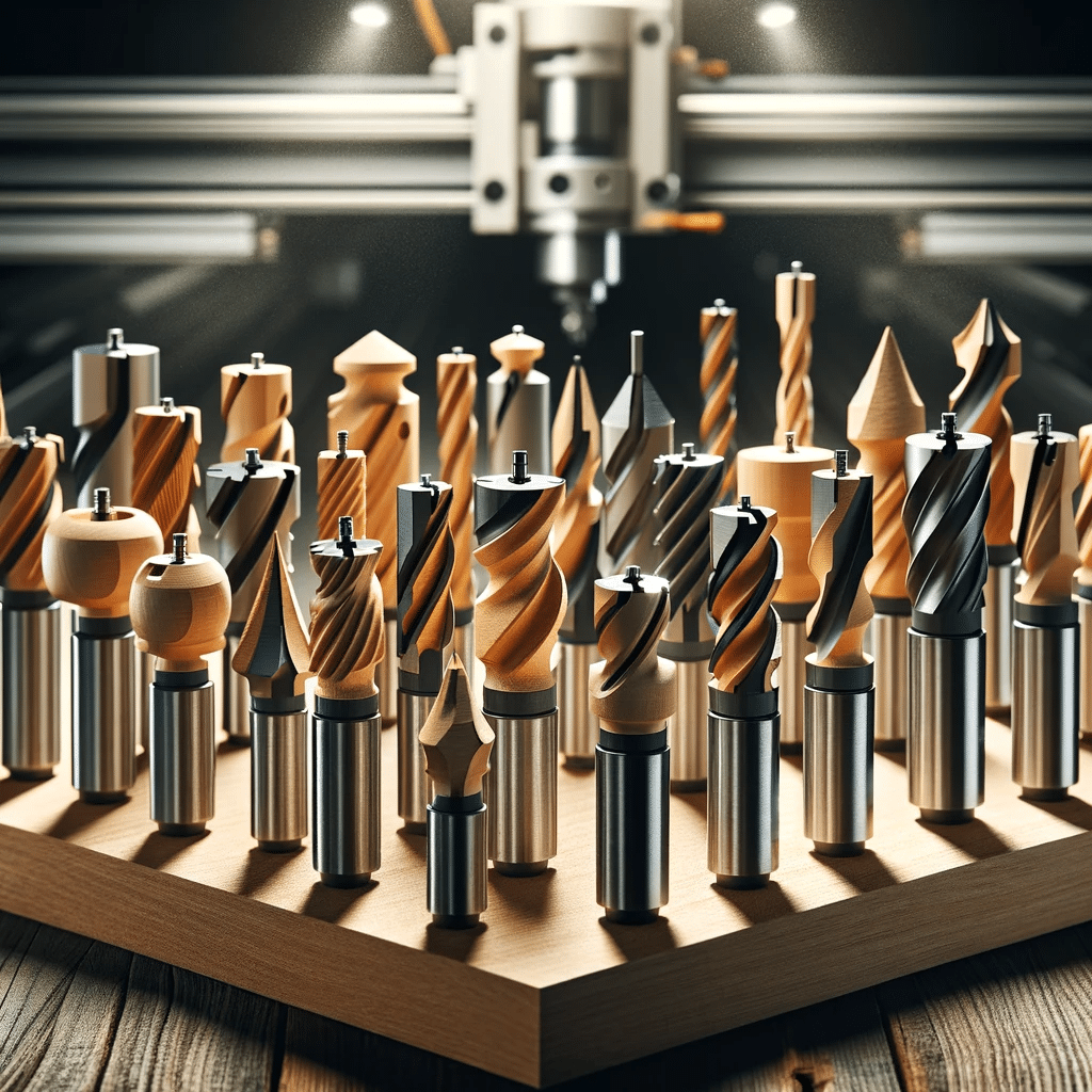 Variedad de brocas CNC router para carpintería, mostrando tipos como brocas rectas | Design & Cutting