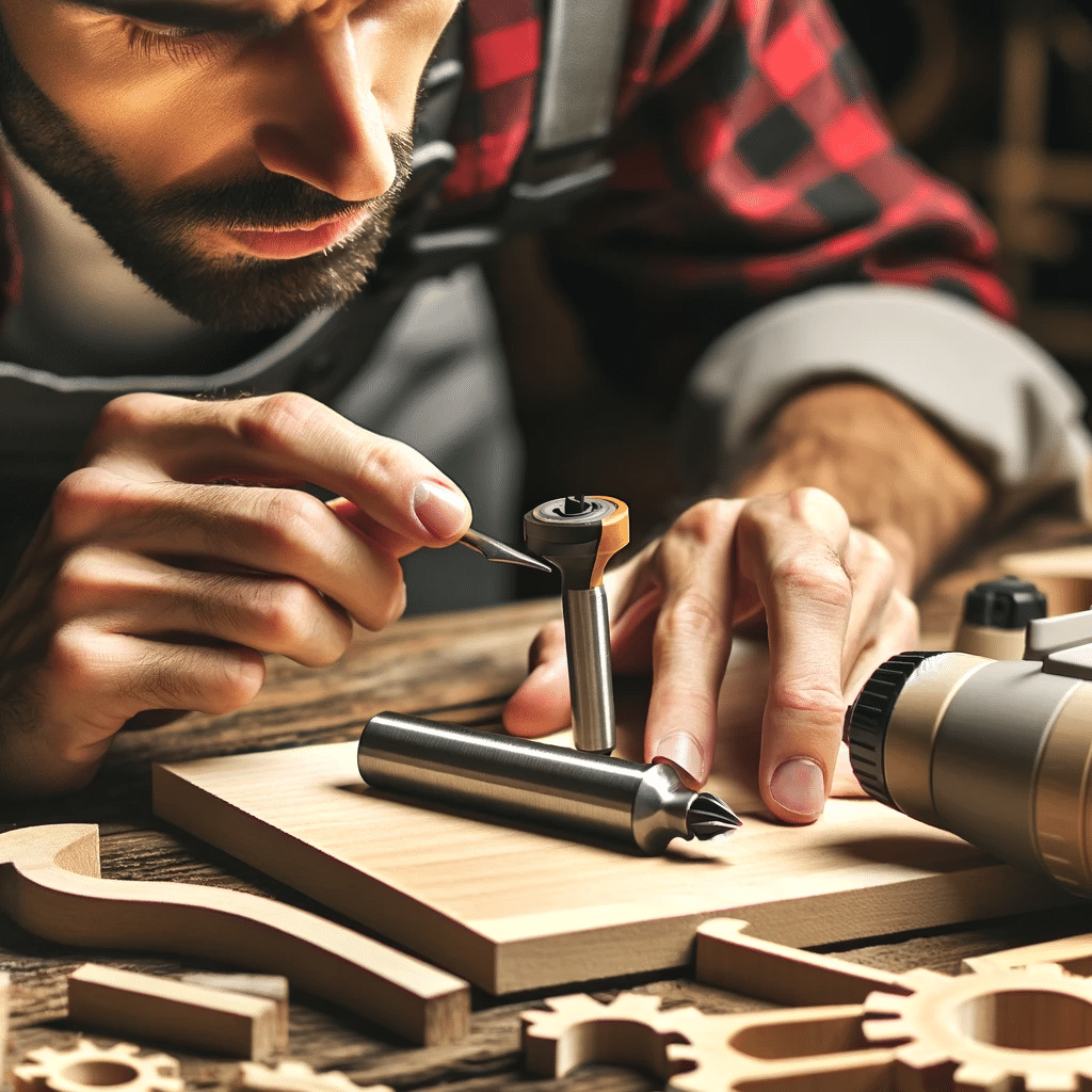 Carpintero examinando una cuchilla para router con signos de desgaste y utilizando herramientas de diagnóstico en un taller de carpintería | Design & Cutting