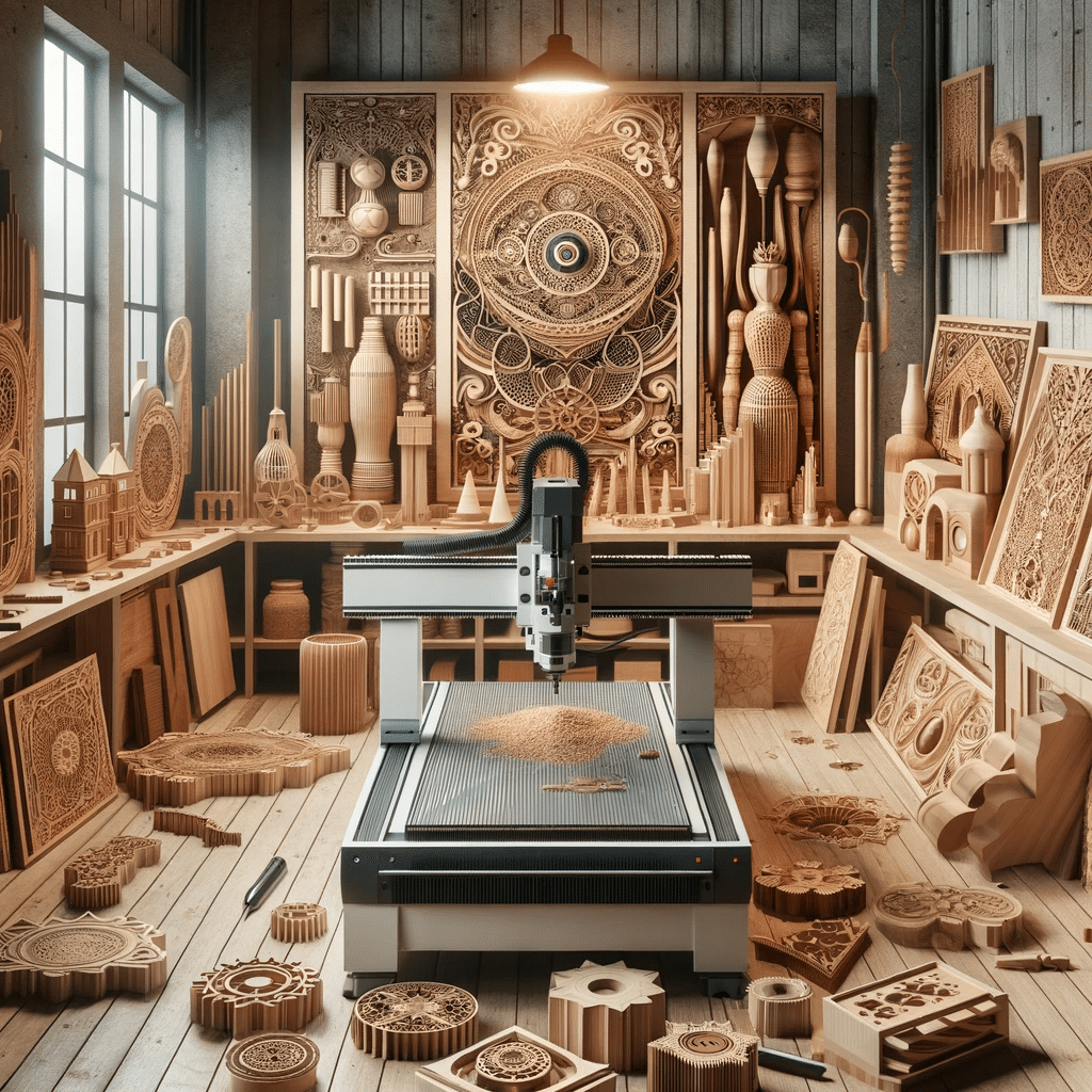 Taller de carpintería organizado y bien iluminado con una máquina CNC y una variedad de proyectos de madera | Design & Cutting