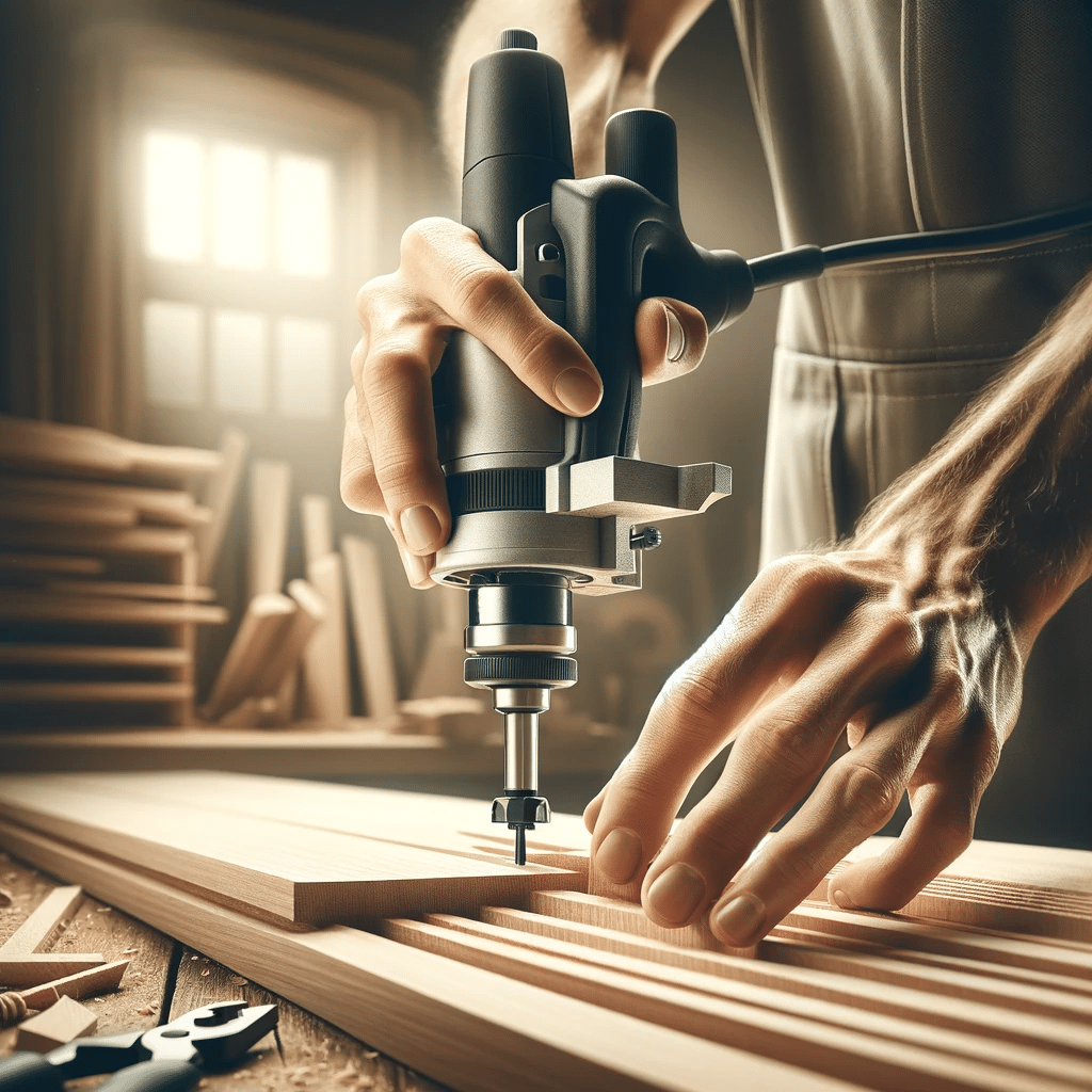 Manos de un carpintero utilizando técnicas avanzadas con una broca para router, demostrando trabajo de precisión en un taller de carpintería realista | Design & Cutting