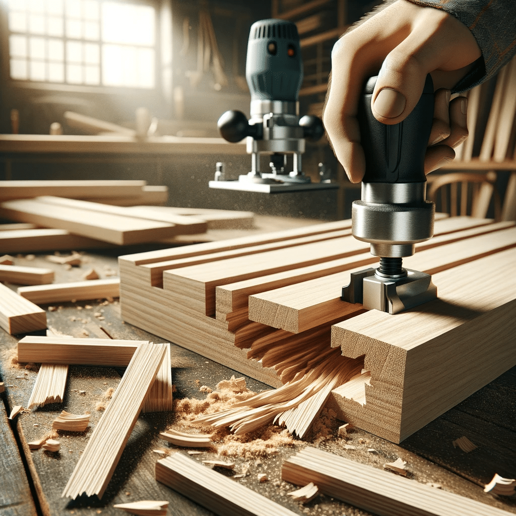 Errores comunes en un proyecto de carpintería por el uso incorrecto de brocas para router, con cortes irregulares y madera astillada en un taller realista | Design & Cutting