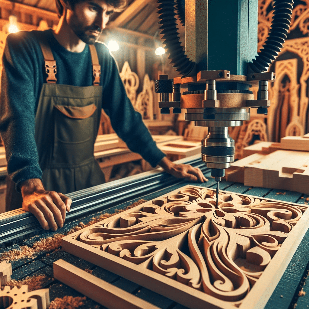 Artesano trabajando en una pieza de madera intrincada con una máquina CNC | Design & Cutting