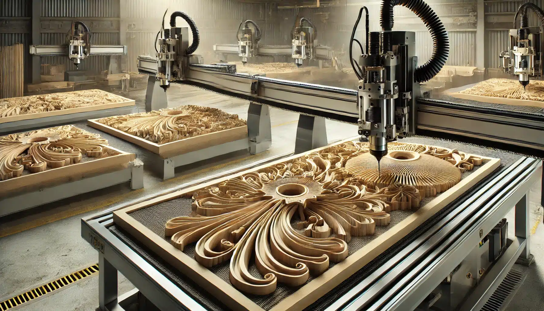Routers CNC avanzados realizando cortes precisos en madera y metal en un taller industrial. Fresadoras CNC con Código G de lenguaje de programación | Design & Cutting