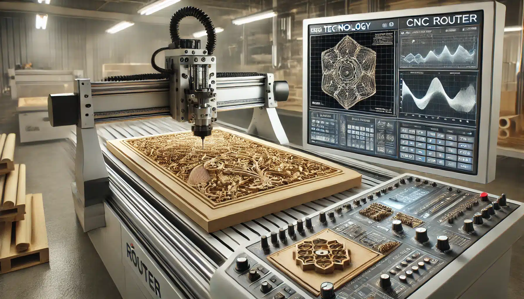 Router CNC avanzado con sistema de control numérico realizando cortes precisos. Mecanizado CNC con fresadora de dispositivo | Design & Cutting
